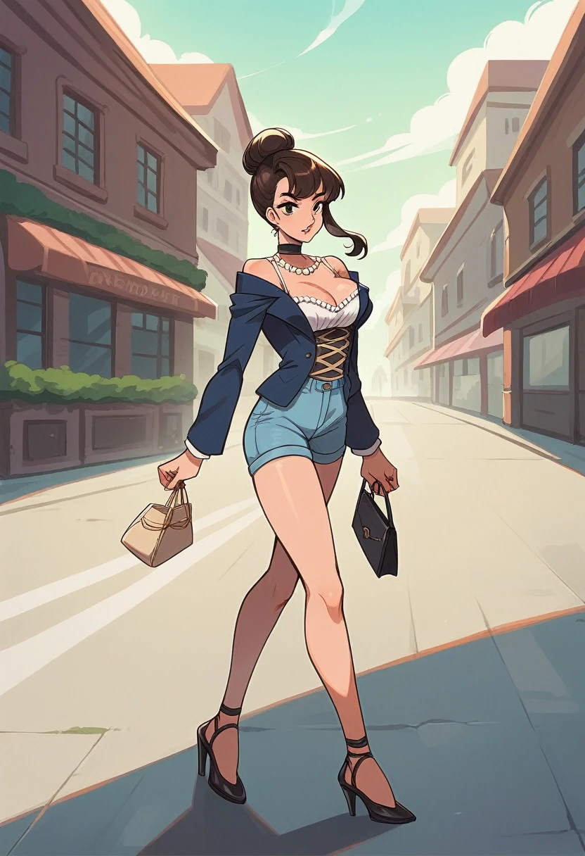 A beautiful women with oval face shape and dark brown hair wearing a sophisticated outfit features a pearl-embellished bustier top paired with high-waisted shorts, exuding elegance and a touch of vintage charm. The look is completed with a chic tweed blazer draped over the shoulders and complemented by a black designer handbag, adding a modern and luxurious twist. The neutral-toned high-heeled sandals elongate the legs, enhancing the overall sleek silhouette. Striking a poised and graceful pose while walking, this stance highlights confidence and effortless style. The bustling city street in the background, with its classic architecture and urban vibe, adds a dynamic and cosmopolitan flair to the outfit.