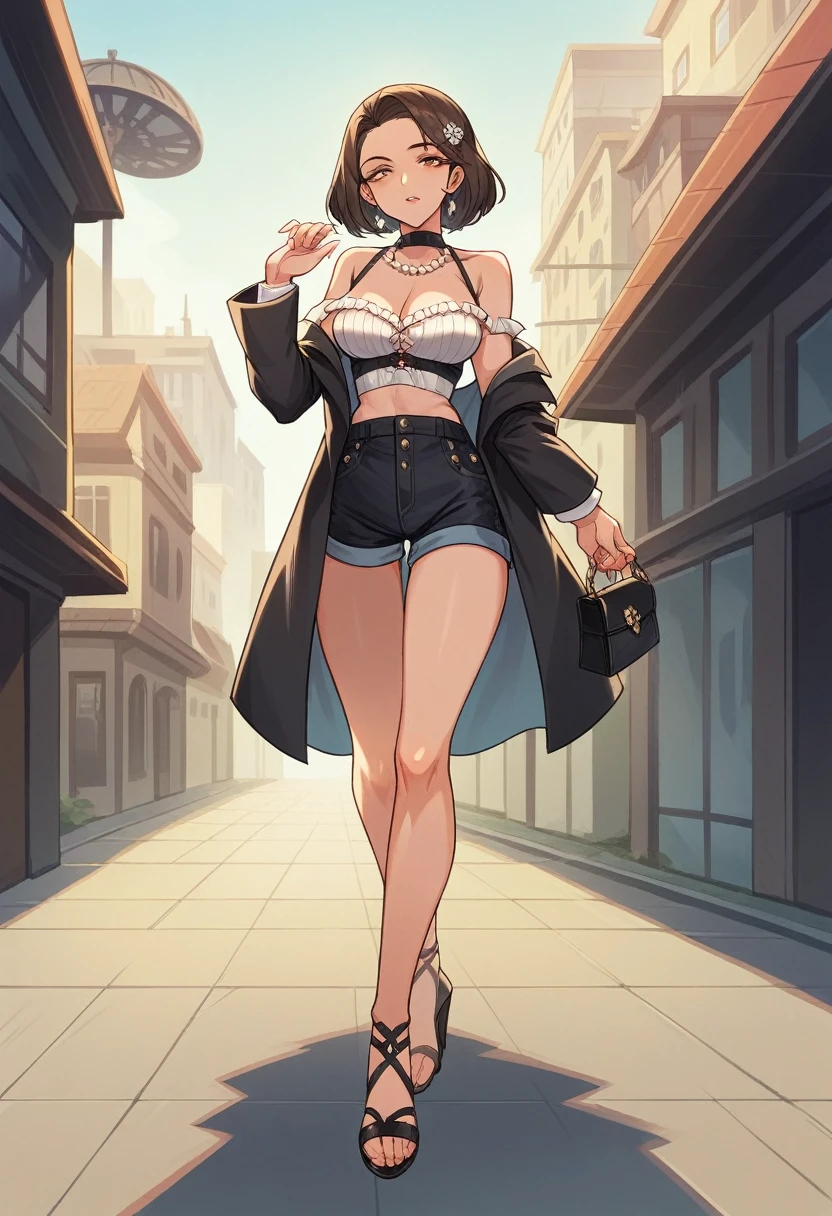 A beautiful women with oval face shape and dark brown hair wearing a sophisticated outfit features a pearl-embellished bustier top paired with high-waisted shorts, exuding elegance and a touch of vintage charm. The look is completed with a chic tweed blazer draped over the shoulders and complemented by a black designer handbag, adding a modern and luxurious twist. The neutral-toned high-heeled sandals elongate the legs, enhancing the overall sleek silhouette. Striking a poised and graceful pose while walking, this stance highlights confidence and effortless style. The bustling city street in the background, with its classic architecture and urban vibe, adds a dynamic and cosmopolitan flair to the outfit.