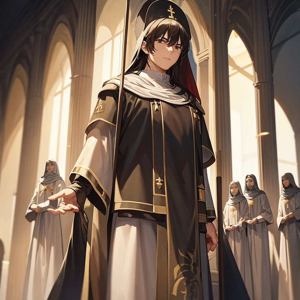 10 Knights Templar Sievientes of Jesus, 2 carrying flags announcing the arrival of the Lord. The commander does not have a helmet, his hair is brown and his eyes are 1 yellow and the other white.