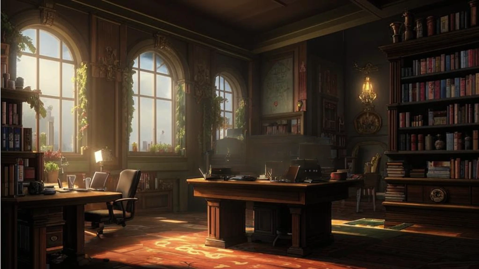 there is a computer desk with a monitor and a lamp in a room, interior background art, dramatic lighting. concept art, relaxing concept art, elegant study, library background, professional concept art, background art, office background, background artwork, concept art scene, anime background art, beautiful 3 d concept art, highly realistic concept art, artstation hq”