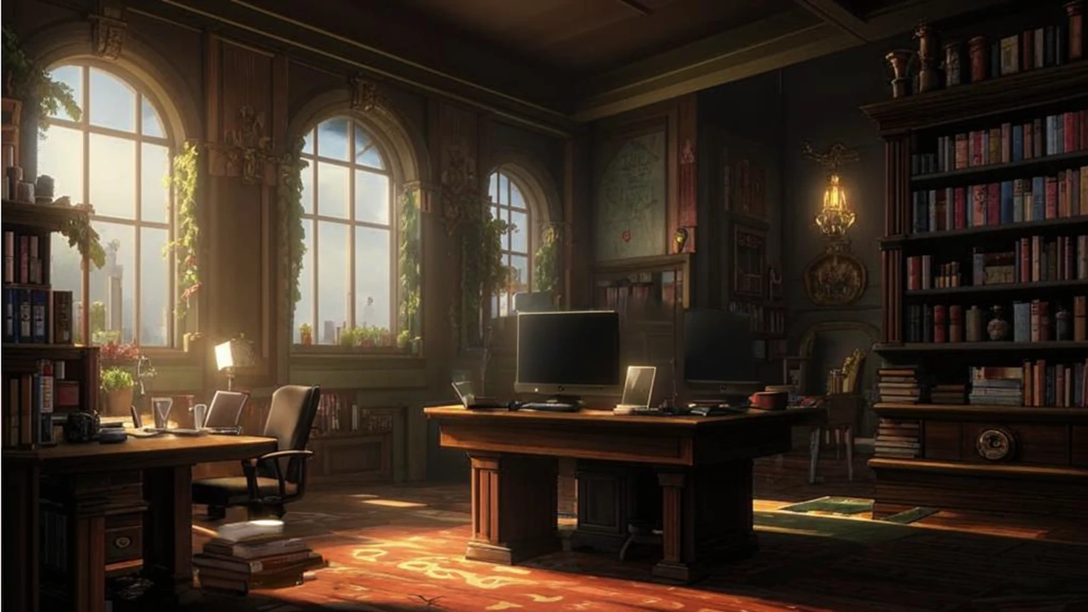 there is a computer desk with a monitor and a lamp in a room, interior background art, dramatic lighting. concept art, relaxing concept art, elegant study, library background, professional concept art, background art, office background, background artwork, concept art scene, anime background art, beautiful 3 d concept art, highly realistic concept art, artstation hq”