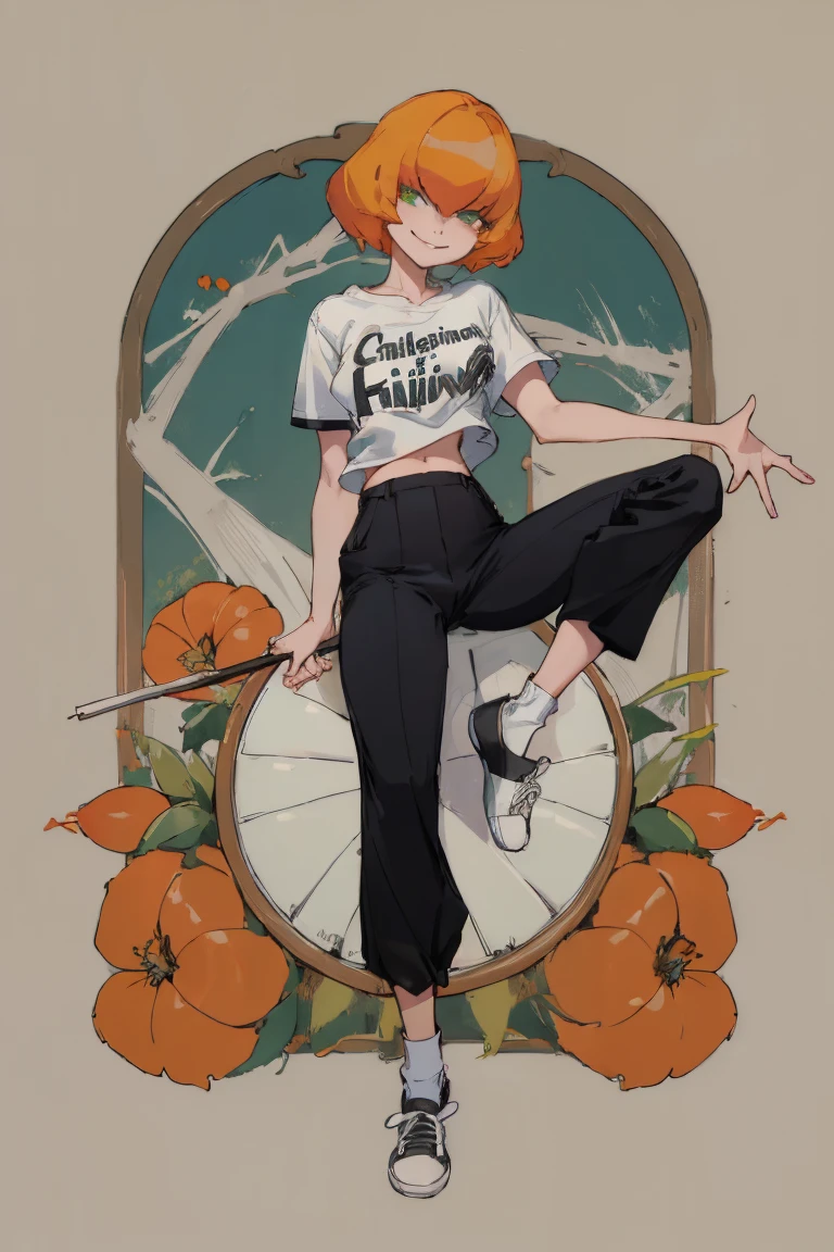 ((Highest quality)), ((masterpiece)), (be familiar with),Clementine,Overload,nsfw,Black and white t-shirt,No sleeve,Green Embroidery,White shoes,Fascinating,Black pants,Bewitching Smile,whole body