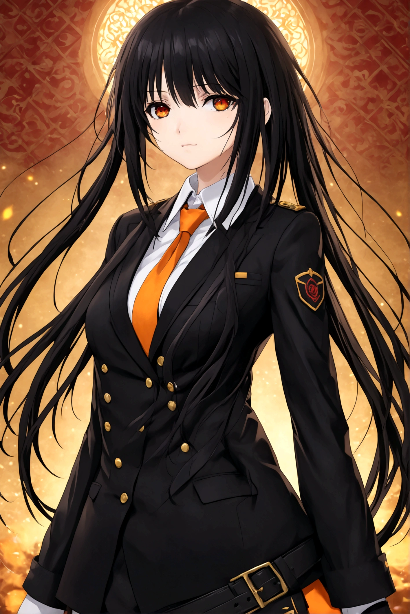 Anime adaptation for this character, (masterpiece) , (best quality), (ultra HD), 4K, tokisaki kurumi, tokisaki kurumi, heterochromia, black hair, very long hair, red right eye, yellow left eye, ornament hair, large breast, white shirt, orange necktie, belt, pouch, black pants, thigh boots, military hat, black gloves, black wings, orange halo