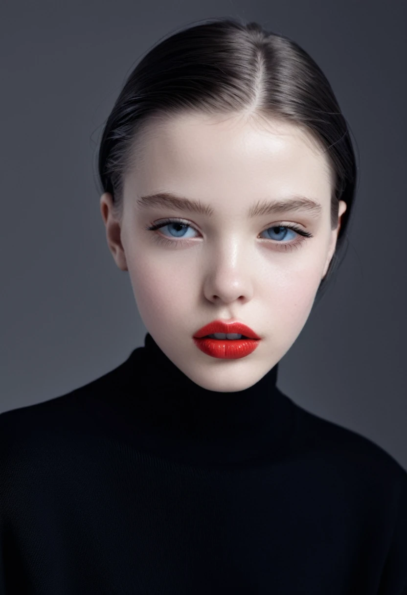 fashion portrait photo, 11 years old girl balenciaga mode, with lips apart, ultra white pale skin, light black color, artistic photo, professional photo, perfect cinematic light, full lips, different sides photo