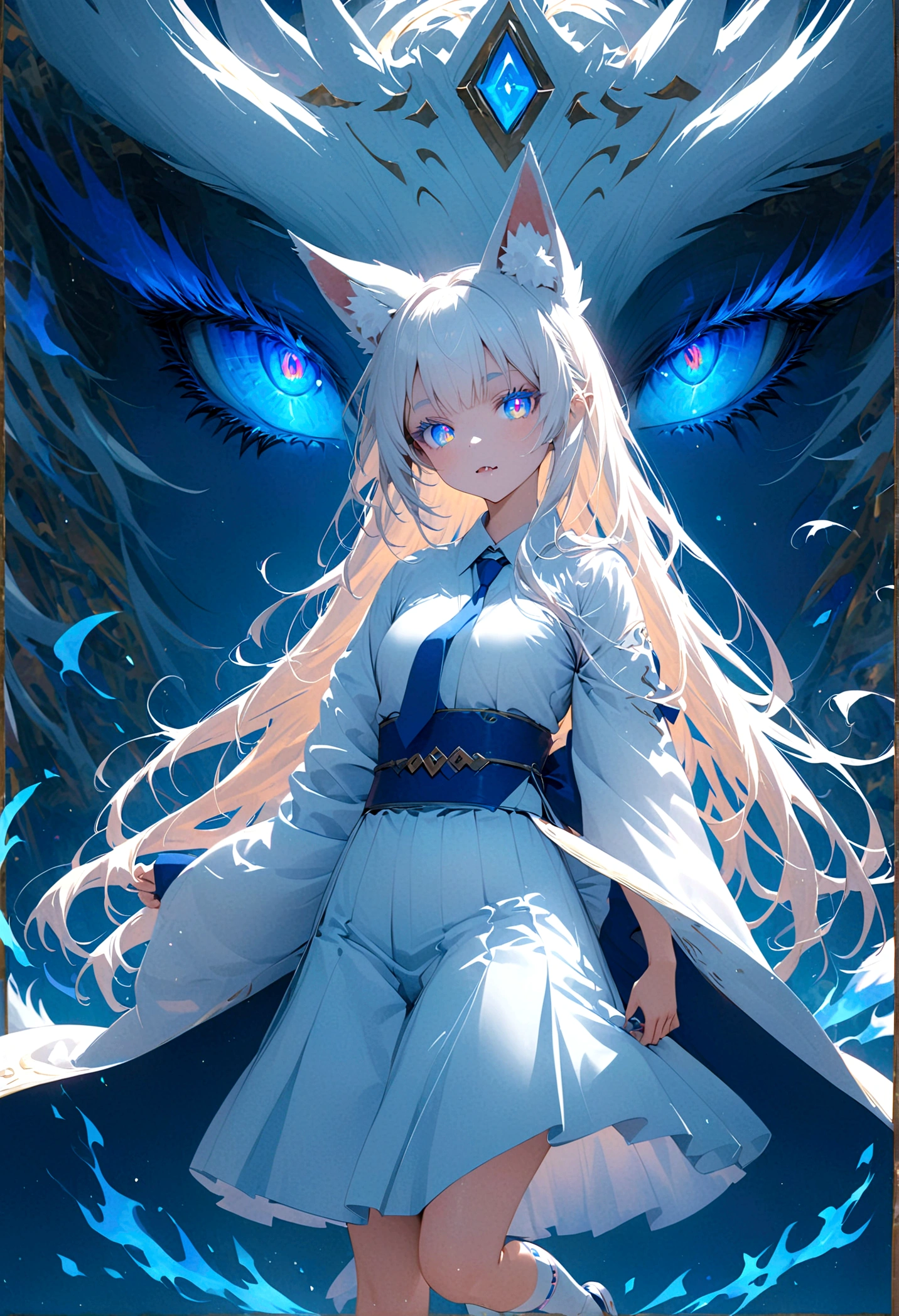 Anime girl with white long hair with white fox ears with rainbow coloured eyes and fox fangs wearing white hakama with blue belt and White sandals with short socks with blue ties and she has 9 white tails with two blue flames next to each arm thick eyelashes background fox temple 