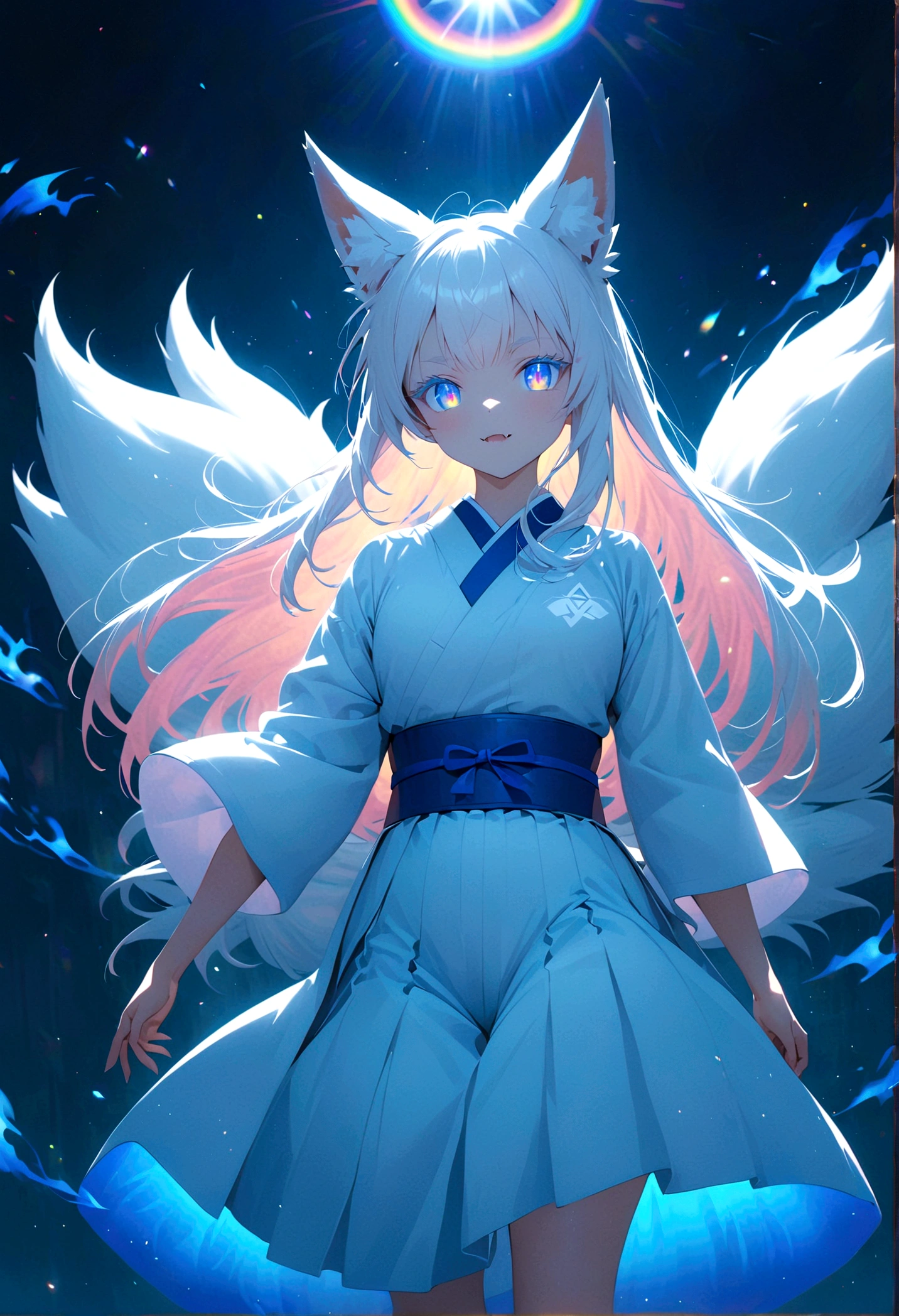 Anime girl with white long hair with white fox ears with rainbow coloured eyes and fox fangs wearing white hakama with blue belt and White sandals with short socks with blue ties and she has 9 white tails with two blue flames next to each arm thick eyelashes background fox temple 