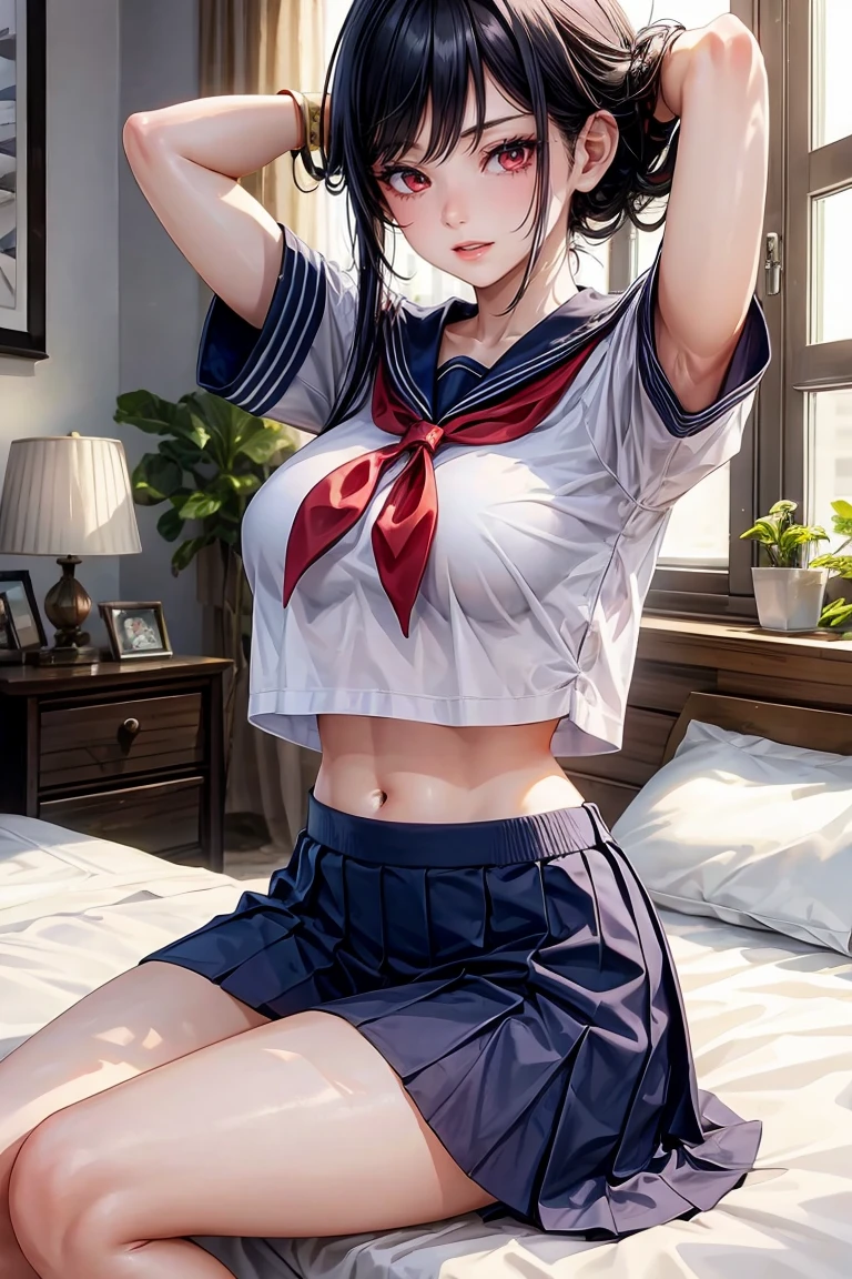 woman, sexy woman, female, mommy, black hair, red eyes, detailed eyes, detailed lips, big breasts, midriff peek, short sleeves sailor uniform, sit with crossed legs, bedroom, evil smile, seductive lips, looking back crop top overhang, adjusting hair, skirt