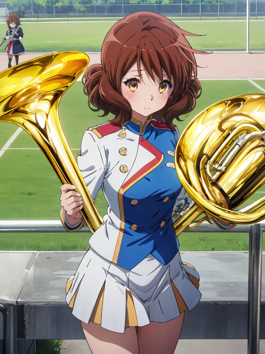 1 Girl,Cowboy Shot,Skirt flip,White lace panties,High quality anime、High resolution, Kumiko、Tabletop,band uniform,sunfes marching band uniform,[3D Images:1.5],[[Attractive eyes,Fine grain、Shining Eyes, Colorful eyes:1.15],whole、Looking at the audience,8K images,Cute Anime Girl