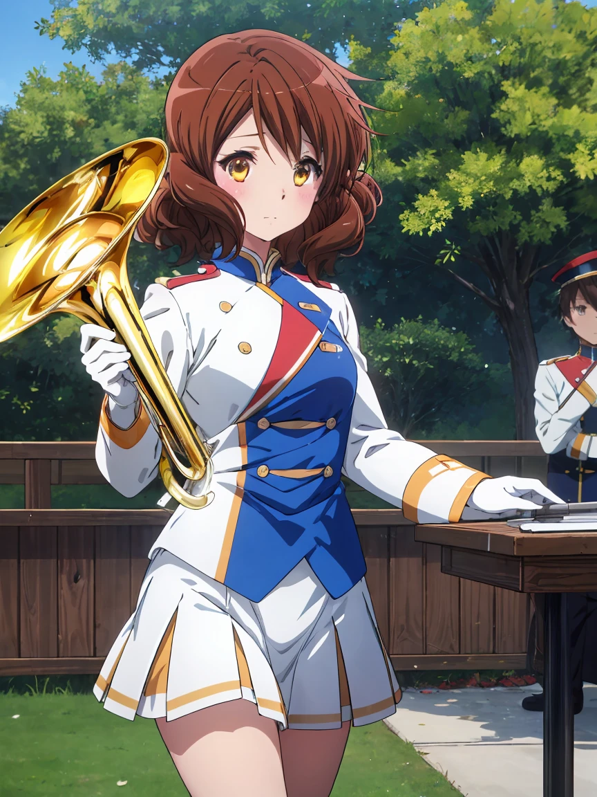 1 Girl,Cowboy Shot,Skirt flip,White lace panties,High quality anime、High resolution, Kumiko、Tabletop,band uniform,sunfes marching band uniform,[3D Images:1.5],[[Attractive eyes,Fine grain、Shining Eyes, Colorful eyes:1.15],whole、Looking at the audience,8K images,Cute Anime Girl