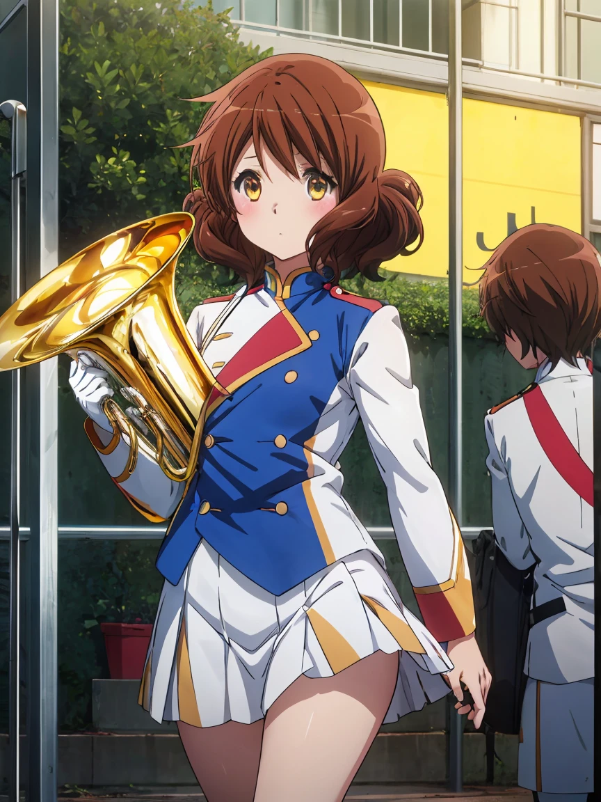 1 Girl,Cowboy Shot,Skirt flip,White lace panties,High quality anime、High resolution, Kumiko、Tabletop,band uniform,sunfes marching band uniform,[3D Images:1.5],[[Attractive eyes,Fine grain、Shining Eyes, Colorful eyes:1.15],whole、Looking at the audience,8K images,Cute Anime Girl