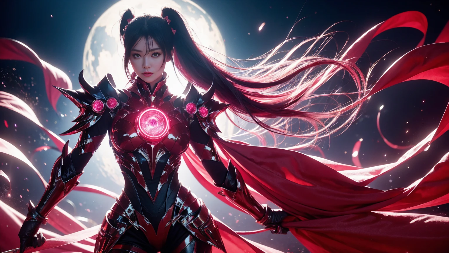 The image showcases a captivating and alluring female character set in a futuristic, sci-fi world. She has long, flowing hair that transitions from dark at the roots to a vibrant purple at the tips, styled in seductive twin ponytails. Her outfit is a sleek, form-fitting armor in black and metallic tones, adorned with glowing pink and red accents that highlight her curves. The armor is intricately designed with multiple layers and circular light elements, emphasizing her seductive and powerful presence. The background hints at a high-tech environment, possibly a futuristic city or space station, with cool, ambient lighting and metallic structures that add to the sensual and enigmatic atmosphere. The character's expression is both confident and inviting, enhancing her striking and provocative allure.