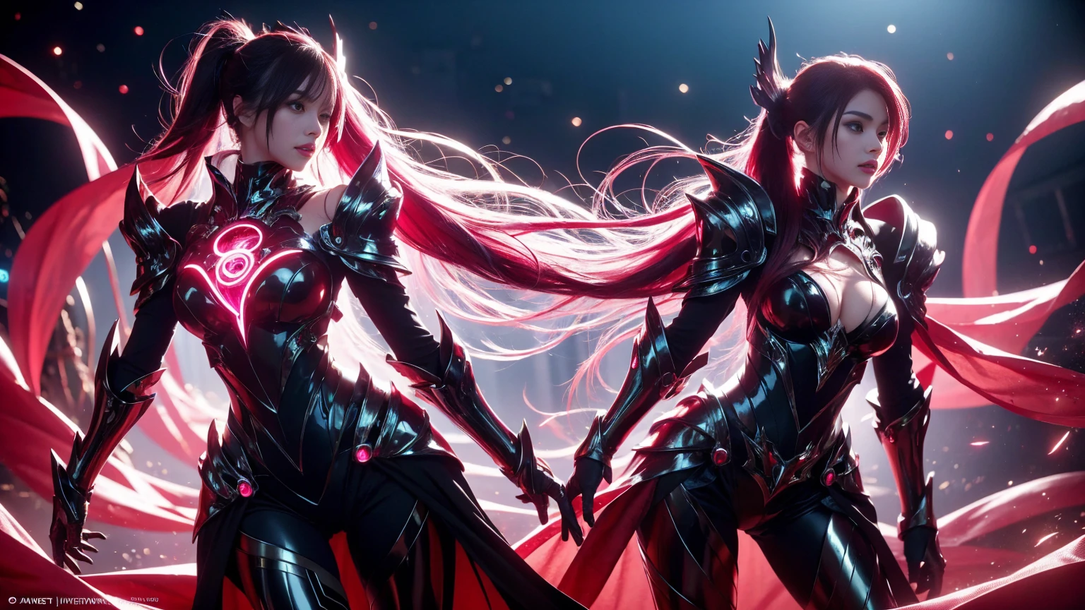 The image showcases a captivating and alluring female character set in a futuristic, sci-fi world. She has long, flowing hair that transitions from dark at the roots to a vibrant purple at the tips, styled in seductive twin ponytails. Her outfit is a sleek, form-fitting armor in black and metallic tones, adorned with glowing pink and red accents that highlight her curves. The armor is intricately designed with multiple layers and circular light elements, emphasizing her seductive and powerful presence. The background hints at a high-tech environment, possibly a futuristic city or space station, with cool, ambient lighting and metallic structures that add to the sensual and enigmatic atmosphere. The character's expression is both confident and inviting, enhancing her striking and provocative allure.