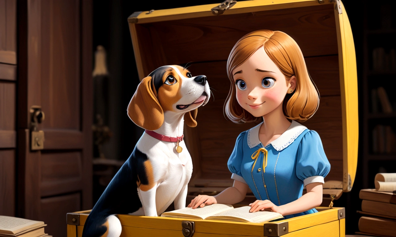 Show her in a blue dress opening a wooden chest with eyes of happiness. Inside the chest there is a diary with yellow pages. Beside her is her beagle friend.