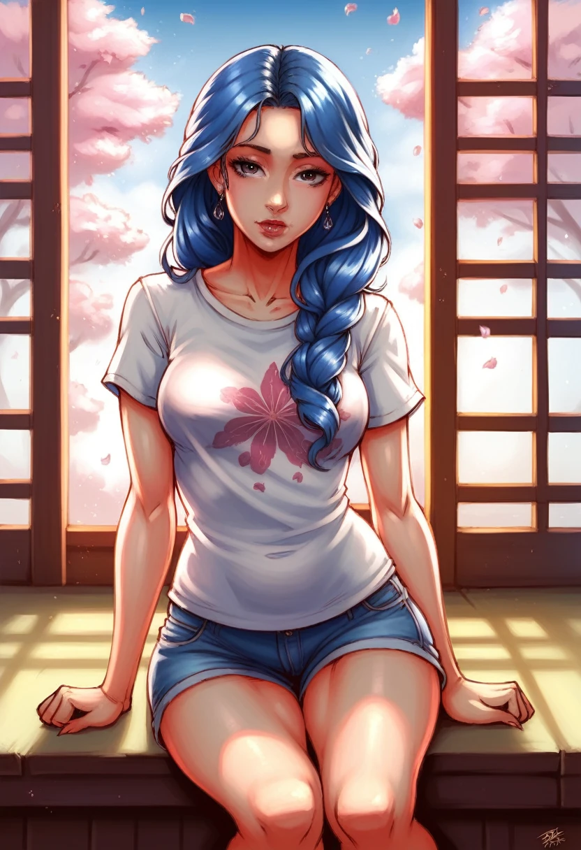 HD photo of a beautiful girl with blue hair, in a T-shirt and shorts, resting under the cherry blossoms, summer day, in style of ilya kuvshinov, dramatic lighting, fantasy, intricate, elegant, Detailed, realistic, фотоrealistic, digital painting, hips, HDR, A high resolution, artstation, concept art, smooth, Sharp Focus, art by Krenz Kuschart and Albert Oblet