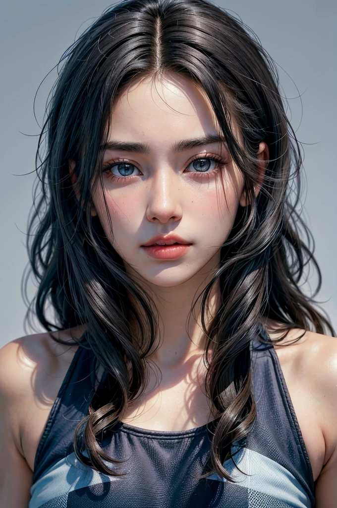 20-year-old woman, Black-haired, high contrast (Natural skin texture, Hyperrealism, Soft Ligh, sharp), high resolution, blue sport wear, pov, full body portrait