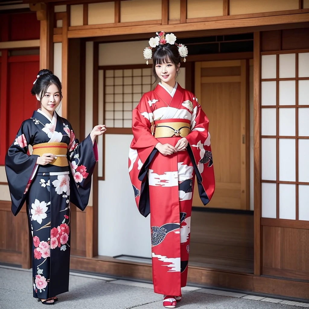 Real photos of elegant and gorgeous traditional kimono,Full body long view standing pose,Full body entry into Japan