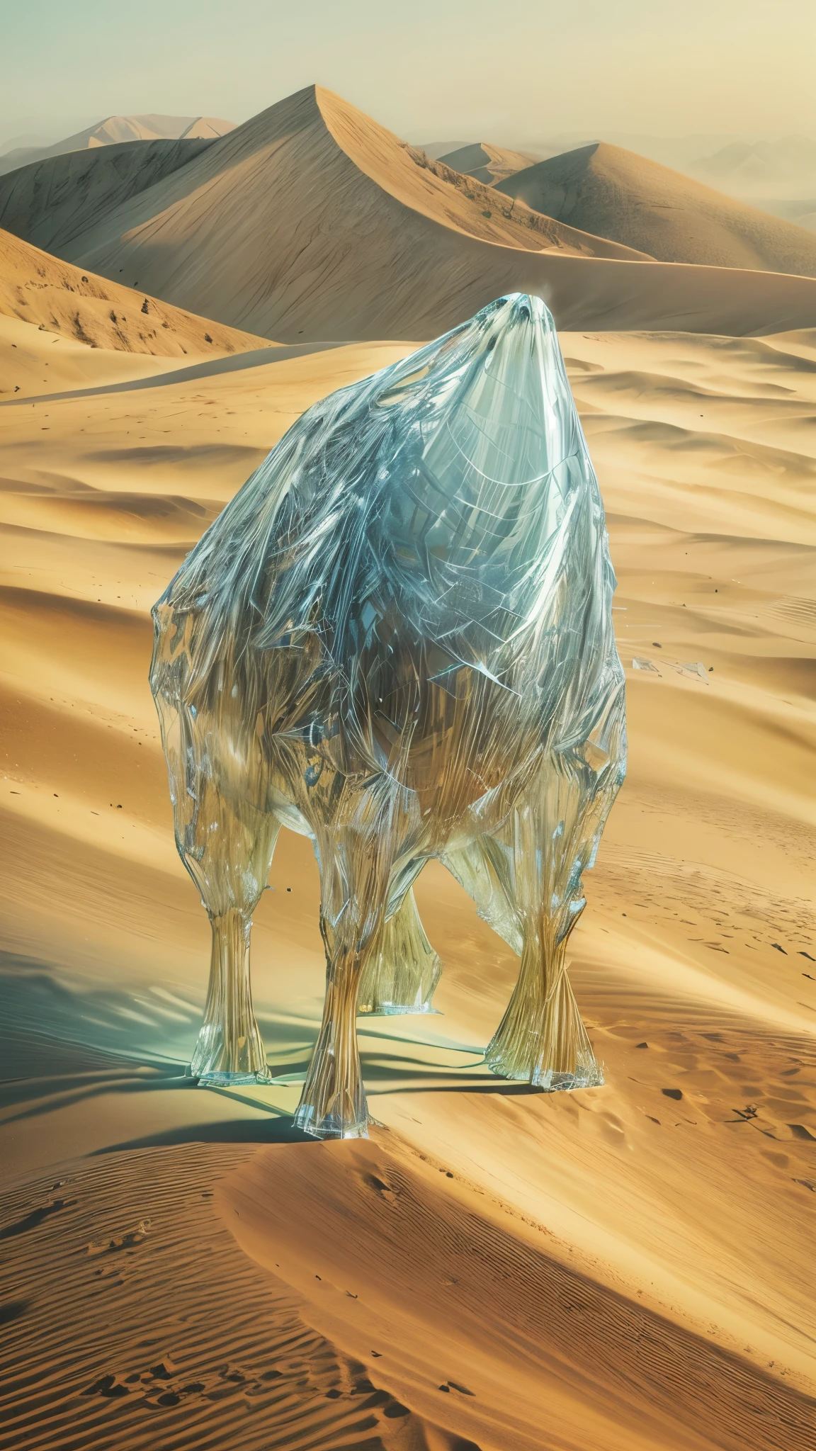 a gigantic transparent crystal creature on four legs, walking through a desert, mystic and simple design, no face, no nose, no mouth, no eyes, dynamic point of view, rising sand effects, (best quality,4k,8k,highres,masterpiece:1.2),ultra-detailed,(realistic,photorealistic,photo-realistic:1.37),detailed desert landscape, warm lighting, vibrant colors