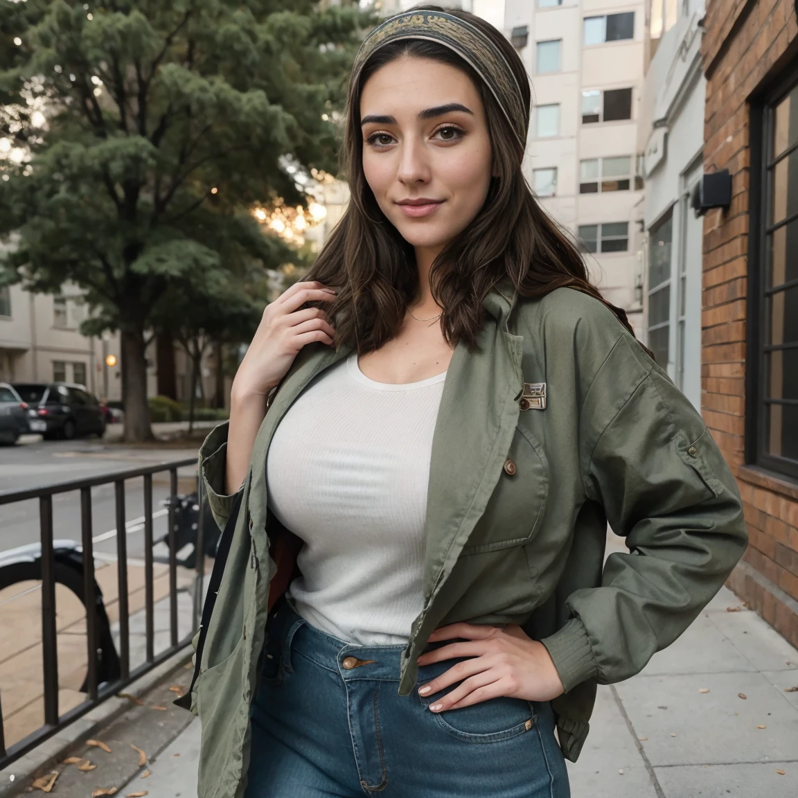 Extremely busty thin and toned brunette photographer, college girl, fair skin, loose side sweep, soft face, athletic, bandana babushka headwrap, tight olive green casual windbreaker, skinny jeans. standing in front of her apartment building, outdoors, city, camera bag, cleavage