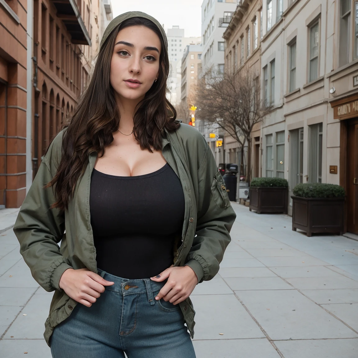 Extremely busty thin and toned brunette photographer, college girl, fair skin, loose side sweep, soft face, athletic, bandana babushka headwrap, tight olive green casual windbreaker, skinny jeans. standing in front of her apartment building, outdoors, city, camera bag, cleavage