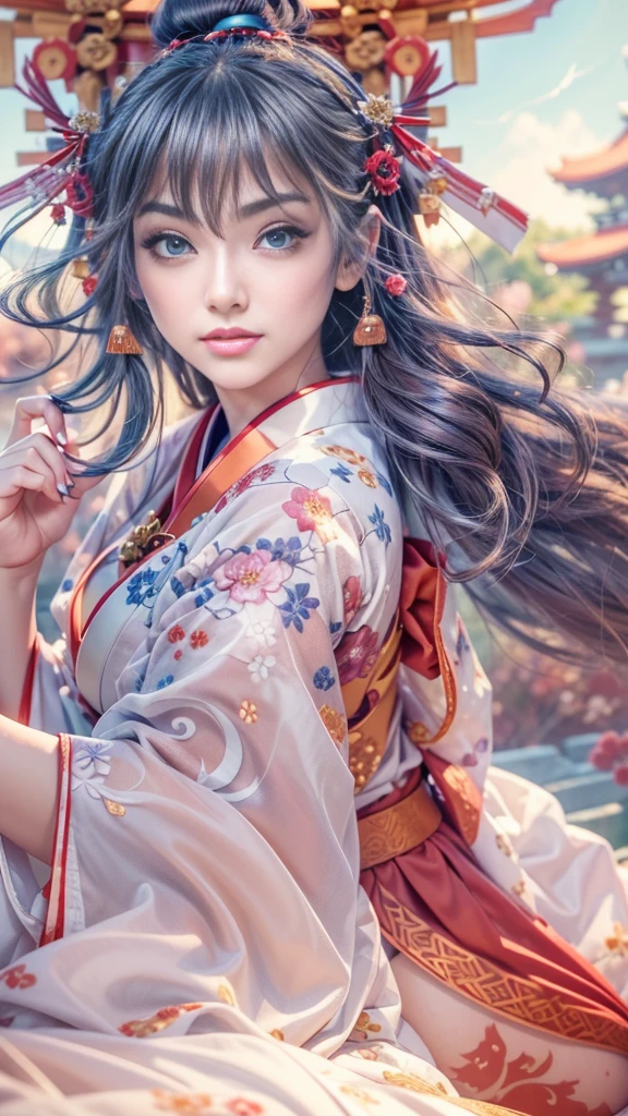 (32k:1.5, Highest quality, masterpiece, Ultra-high resolution), Perfect dynamic composition, Professional camera work:1.6, Enchantingな肖像画:1.3, Cinematic Light, Very detailedな肌と顔の質感:1.3, Very accurate, Very detailed, (Ride the Red Dragon:1.3, Holding a walking stick), (mysteriousな:1.2, Great background:1.2, tradition:1.2, Belligerent:1.2, Majestic:1.2), Adult female, Graceful Goddess, Incredibly slim body, Fair skin, (smile:0.9, Totally captivates you:1.0), (Fractal Art:1.0, Japanese Shrine Maiden Costume:1.3), Ample breasts, Sensual sitting position:0.6, Calm pose, (Beautiful Blue Eyes, Beautiful erotic eyes:0.8, Feel the beautiful eroticism:0.9), (romantic, dramatic, mysterious), Object of admiration, Artistic, Innovative, Enchanting, sense of openness, sense of cleanliness, Heartful, Fancy, exciting, Extreme, ((Adult charm, Feminine charm, Hair blowing in the wind))