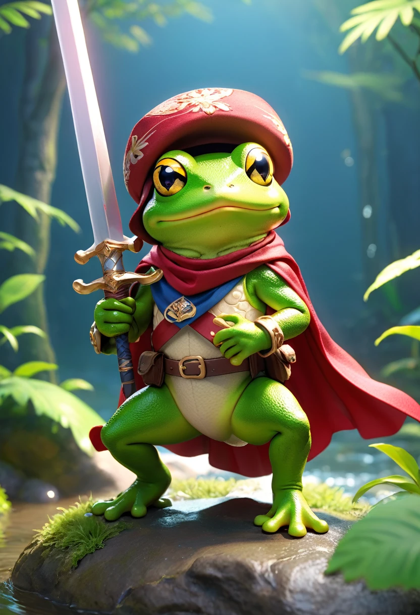 Esbian all over、Cool Frog、Pop Frog、Diorama、Simple Background、bandana、Holding a big sword in his hand、Brave、Cape、Best Quality, Capture the cutest moments, Depth of written boundary, Super detailed, Ultra-high resolution, Octadale, 8k, 16km race