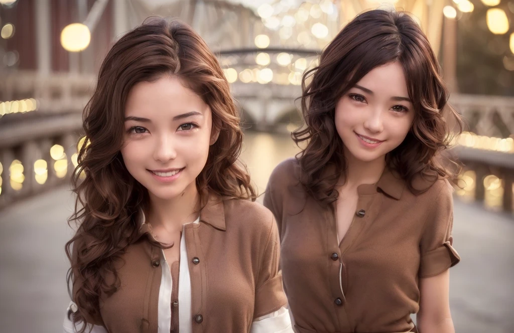 1girl, (casual shirt:1.8),(RAW photo, best quality:1.4), (realistic, photo-realistic:1.4), masterpiece, an extremely delicate and beautiful, extremely detailed, 2k wallpaper, Amazing, finely detail, extremely detailed CG unity 8k wallpaper, ultra-detailed, highres, soft light, beautiful detailed girl, extremely detailed eyes and face, beautiful detailed nose, beautiful detailed eyes,cinematic lighting,(blurry,bokeh backgound:1.6),(bridge :2.0),perfect anatomy,(slender body:1.0),(close up face,focus face:1.4),(smile,Friendly, warm:2.0),(looking at viewer:1.8),(young japanese idol:1.8),(wavy brown hair:1.8), (brown eyes:1.8),(standing:1.6),