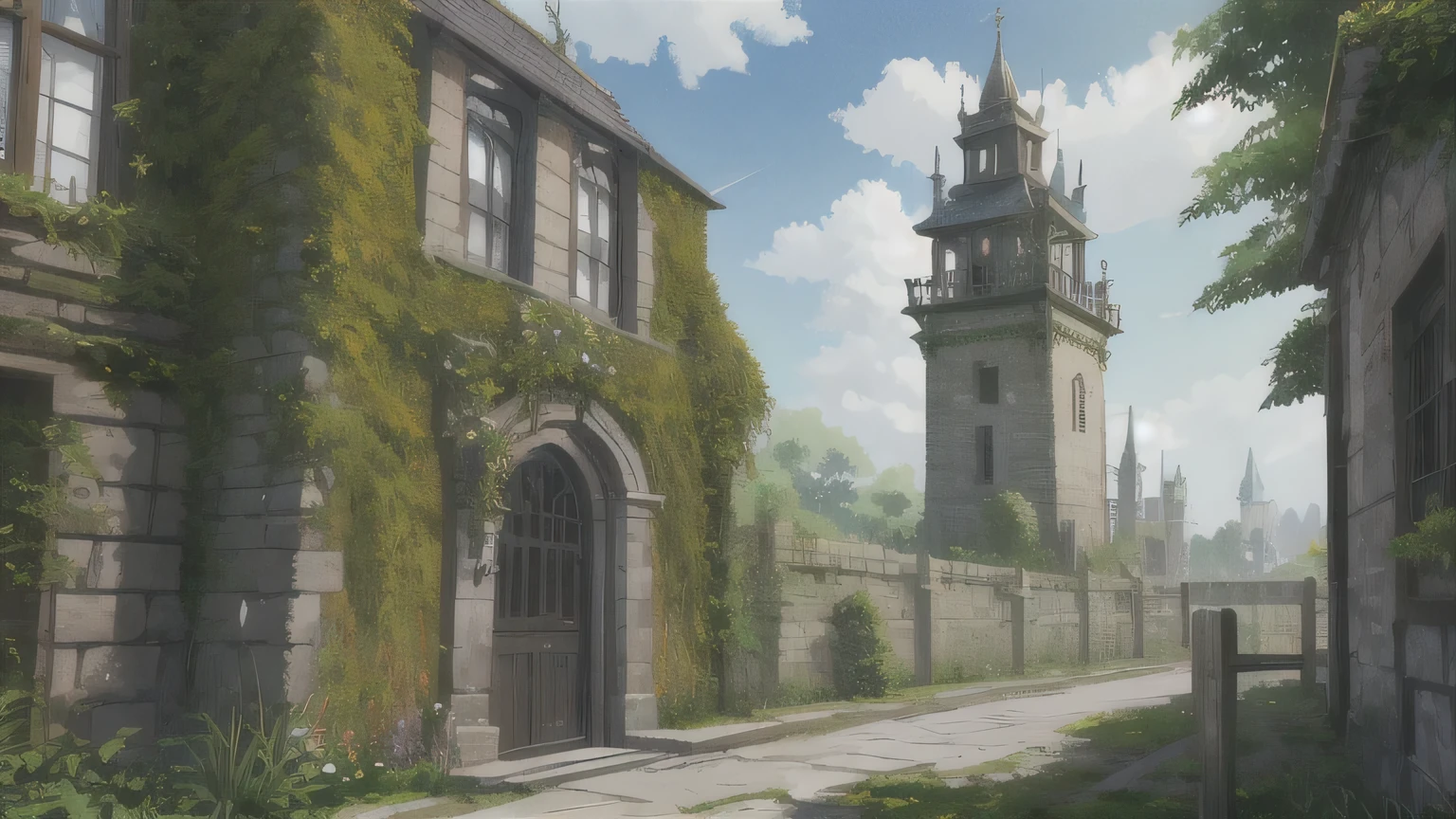absurderes, background material, concept art, antique, anime, colorful, high quality, simple stone tower, in fantasy city, run down, covered in plants, ivy, close up, a metal pole fence surrounds it