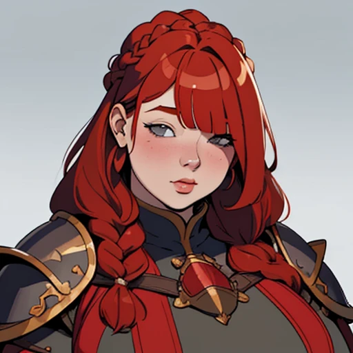 (masterpiece), (best quality),(portrait),(bust up),1girl,solo,(sharp focus),(look at viewer),(redhead),dwarf girl,dwarf,braid ,(fat), fat Cheeks,huge breasts,ancient luxurious long clothes,armor,(simple background),old school fantasy art,super shiny face,Ultra Glossy Skin,long bangs,(hair over eyes)