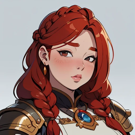 (masterpiece), (best quality),(portrait),(bust up),1girl,solo,(sharp focus),(look at viewer),(redhead),dwarf girl,dwarf,braid ,(fat), fat Cheeks,huge breasts,ancient luxurious long clothes,armor,(simple background),old school fantasy art,super shiny face,Ultra Glossy Skin,long bangs,(hair over eyes)
