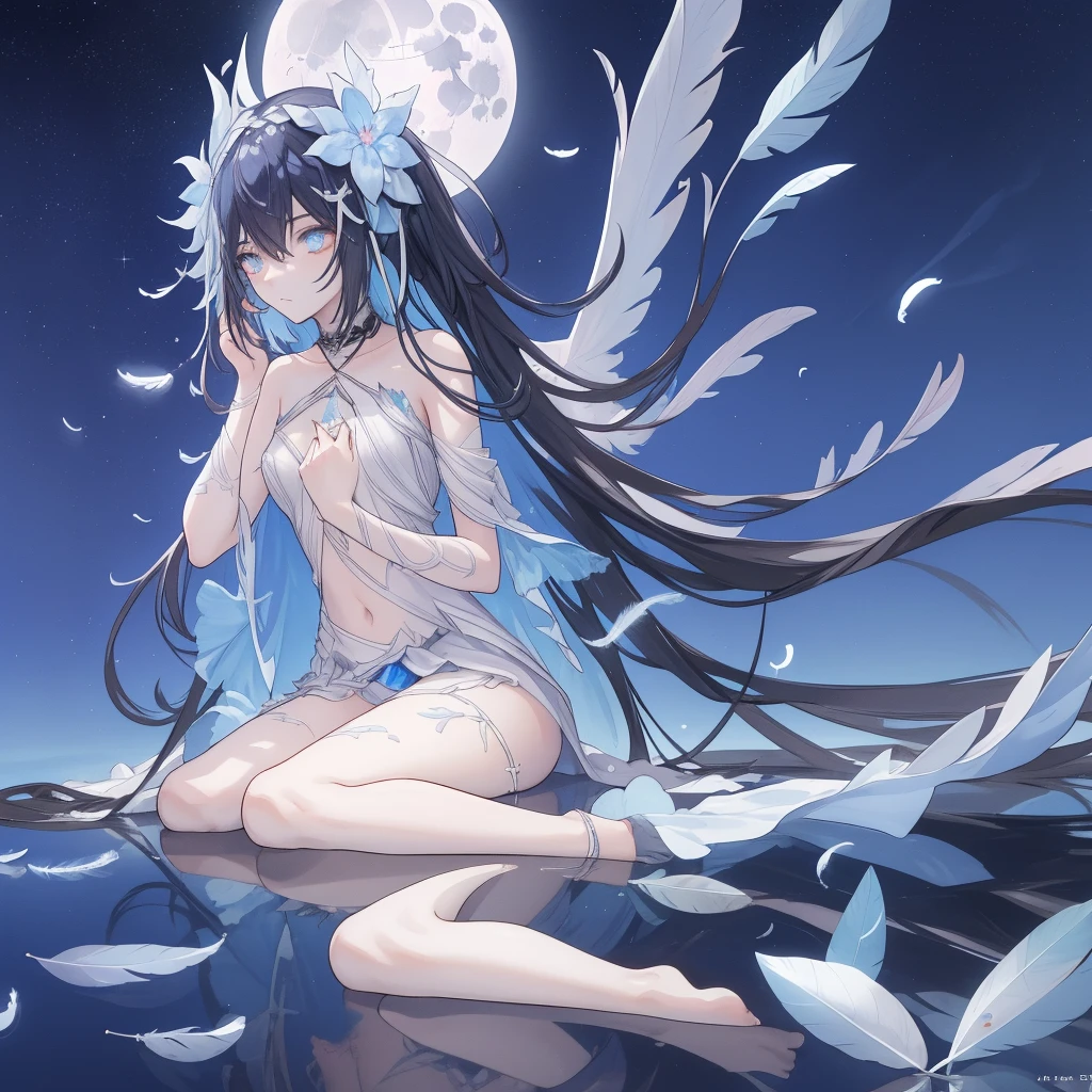 ((A long shot)) of a black-haired anime  girl, (sitting near a river), ((strong moonlight)), cinematic light, slim body, skin is perfectly healthy, soft, and smooth, Extremely delicate and beautiful CG illustration, best quality, high resolution, dynamic angle, full-length lens, (1 girl), floating, (soft light, high-key lighting), glowing light, blue halo, feathers fluttering background, blue crystal, ((very cinematic)), ((half naked))