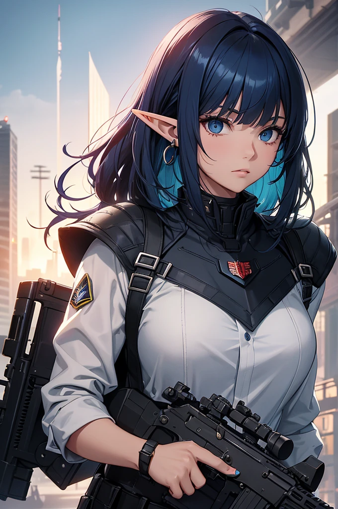 Create a high-quality image featuring an elf girl with dark navy-blue hair and straight-cut bangs. She is a member of a special forces police unit. She has a large red earring on her right ear and is holding an assault rifle. The background should feature a city inside a dome, with a black armored vehicle beside her.