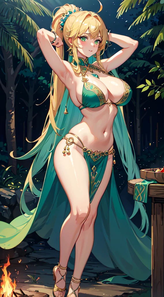 masterpiece, Highest quality, Official Art, Highly detailed CG Unity 8k wallpaper, Detailed Background, (Handcrafted by Guido Daniele),(Finger details) ,Mature Girl 1, (Belly Dancer:1.1), (Curvy), Are standing, (Belly Dance Poses), (Shake your ass), (Put your arms behind your head), (Red gypsy costume:1.2), (Chest Curtain:1.14), (Delicate Jewelry), (Long blonde hair:1.12), (Ahoge:1.13), (High Ponytail:1.11), (Green Eyes:1.13), blush, Captivating smile, Huge breasts, Cleavage, Narrow waist, belly button, Shiny skin, Outdoor,(night),Starry Sky, (Gypsy Tent), (campfire),