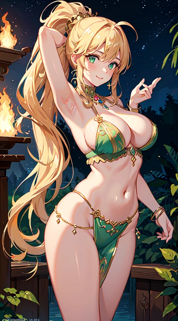 masterpiece, Highest quality, Official Art, Highly detailed CG Unity 8k wallpaper, Detailed Background, (Handcrafted by Guido Daniele),(Finger details) ,Mature Girl 1, (Belly Dancer:1.1), (Curvy), Are standing, (Belly Dance Poses), (Shake your ass), (Put your arms behind your head), (Red gypsy costume:1.2), (Chest Curtain:1.14), (Delicate Jewelry), (Long blonde hair:1.12), (Ahoge:1.13), (High Ponytail:1.11), (Green Eyes:1.13), blush, Captivating smile, Huge breasts, Cleavage, Narrow waist, belly button, Shiny skin, Outdoor,(night),Starry Sky, (Gypsy Tent), (campfire),