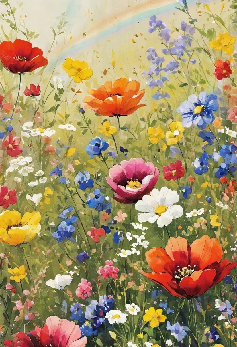 ere is a painting of a flower field on a white background, Fondo pintado floral, floral explosion, an aesthetic field of flowers, patchy flowers, botanical rainbow backdrop, Floral details, delicate garden on paper, floral environment, floral growth, Floral!, floral embroidery, Blooming flowers, made of wildflowers, floral wallpaper, field of flowers background, floral flowers colorful, Meadow flowers