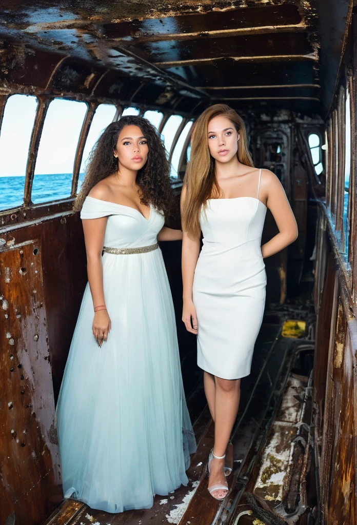 1 beautiful biracial straight hairwoman and 1 white brune woman in elegant dress, inside a big Boat wreck under the sea