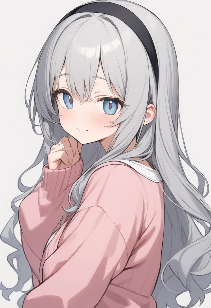 Simple Background,masterpiece,Highest quality,female,smile,Wavy long hair,Gray Hair,Cute eyes,薄いピンクのCute eyes,Pink Cardigan、Black headband、