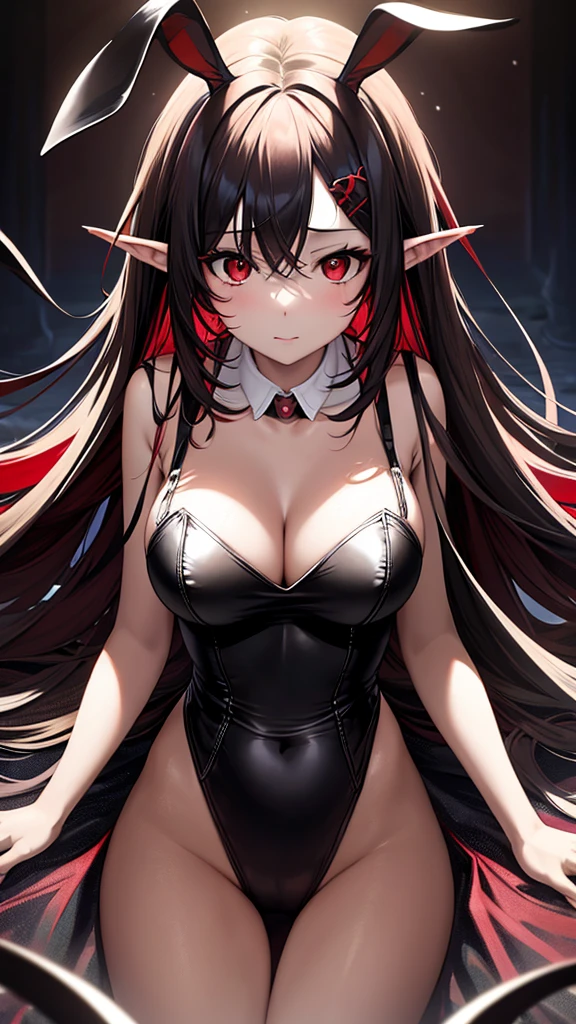 An adult woman, half rabbit, black and red ears, ears down, red eyes, black and red hair, wide breasts, white dress