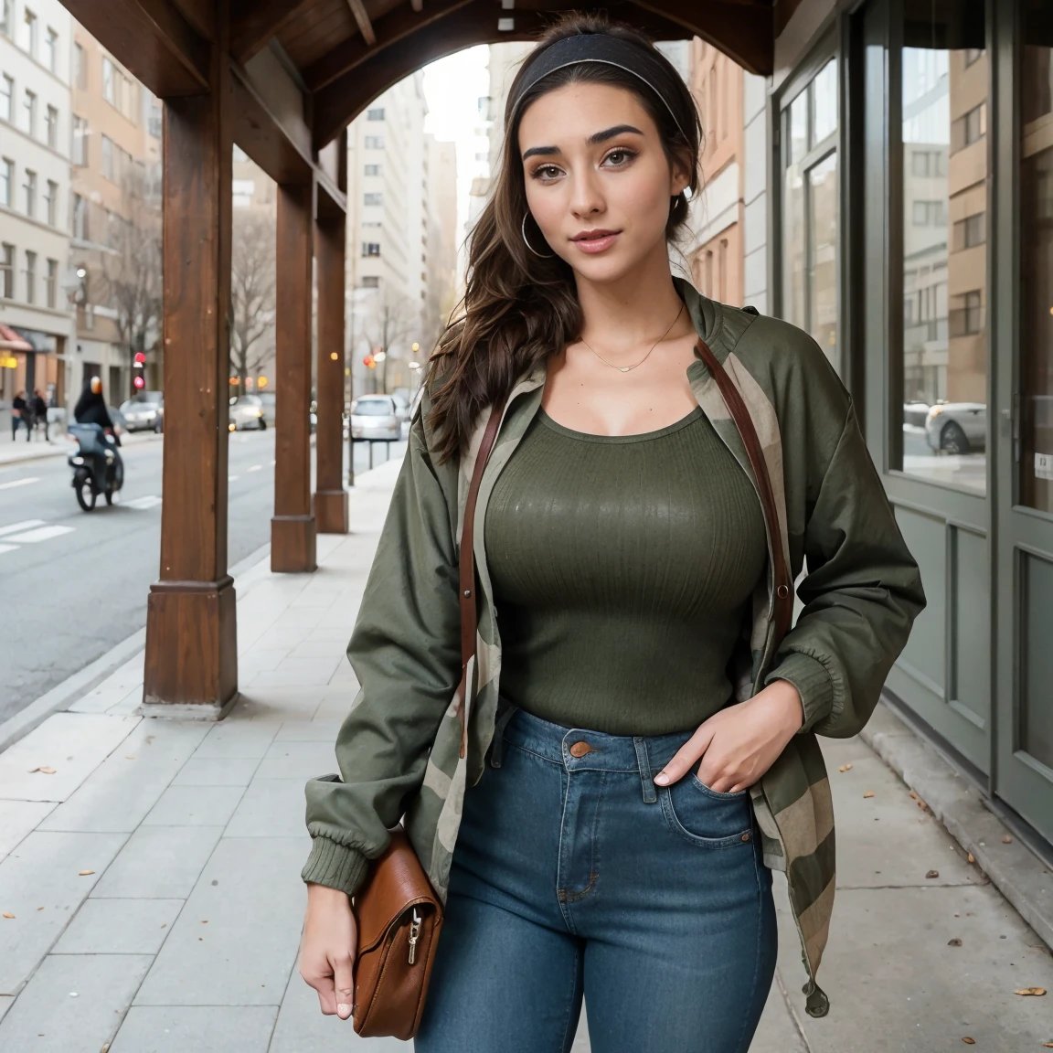 Extremely busty thin and toned brunette photographer, college girl, fair skin, loose side sweep, soft face, athletic, tight olive green casual windbreaker, skinny jeans. standing in front of her apartment building, outdoors, city, camera bag, shoulder strap, cleavage