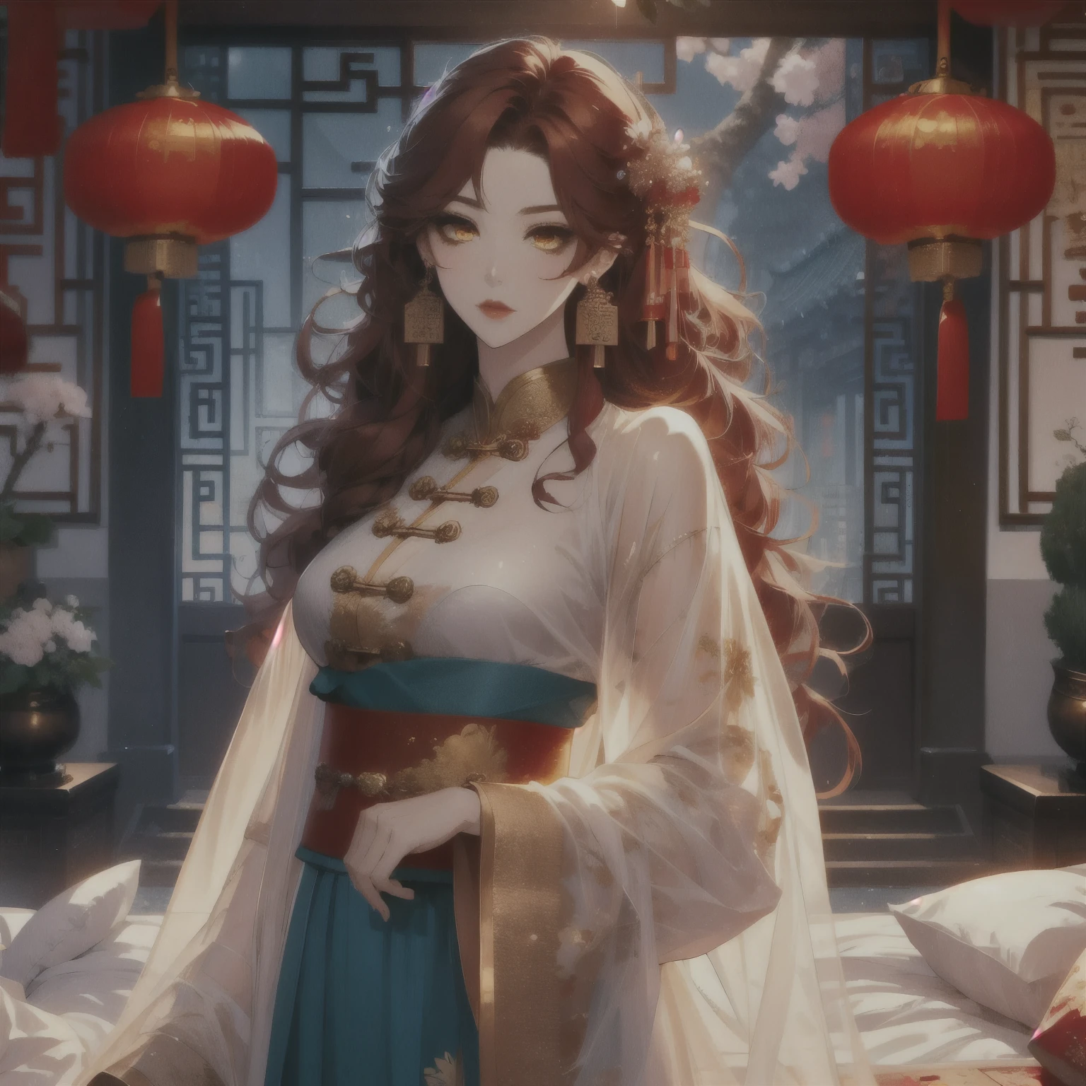 (masterpiece, best quality:1.2), 1women, xian mei, solo, chinese clothes, ultra long skirt, golden eyes, long red curly hair, jewellery, perfect anatomy, chinese traditional room