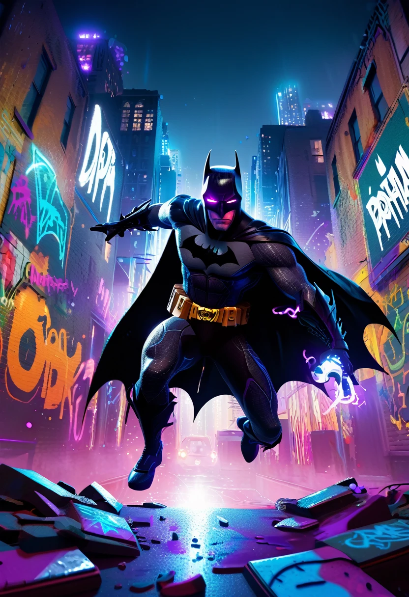 (Masterpiece artwork, 8K, uhd, high resolution: 1.4), stylized portrait of Batman not in Spider-Verse style, (black costume with neon blue and purple details: 1.3), (mask with glowing white eyes: 1.2), (floating cover with light effects: 1.3), (Dynamic and heroic pose: 1.2), (background with Gotham city in graphic and vibrant style: 1.1), (comic and graffiti elements around: 1.2), (dark and electrifying atmosphere: 1.3), Intricate, stylized details, (fantasy and action elements: 1.2), (dynamic and immersive perspective: 1.3)