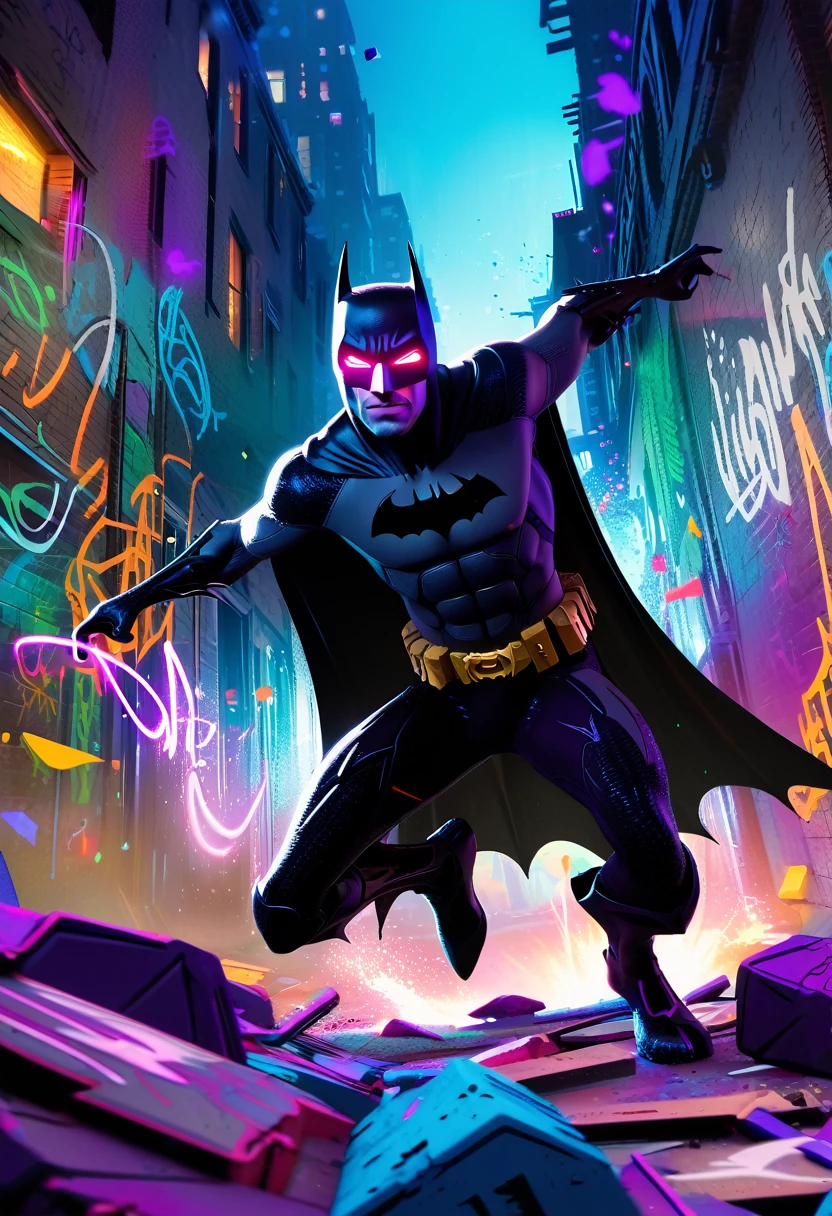 (Masterpiece artwork, 8K, uhd, high resolution: 1.4), stylized portrait of Batman not in Spider-Verse style, (black costume with neon blue and purple details: 1.3), (mask with glowing white eyes: 1.2), (floating cover with light effects: 1.3), (Dynamic and heroic pose: 1.2), (background with Gotham city in graphic and vibrant style: 1.1), (comic and graffiti elements around: 1.2), (dark and electrifying atmosphere: 1.3), Intricate, stylized details, (fantasy and action elements: 1.2), (dynamic and immersive perspective: 1.3)