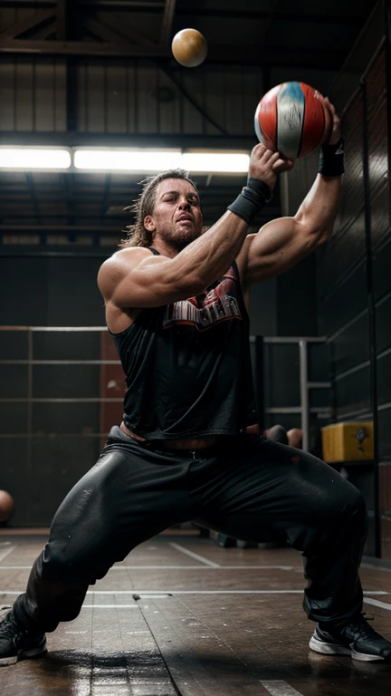 a fearless athlete, muscular man, throwing a heavy metal shot-put ball, extreme muscles, intense expression, dynamic motion blur, action sports, sweating, powerful, determined, high-contrast lighting, dramatic shadows, cinematic composition, grungy grunge texture, muted color palette