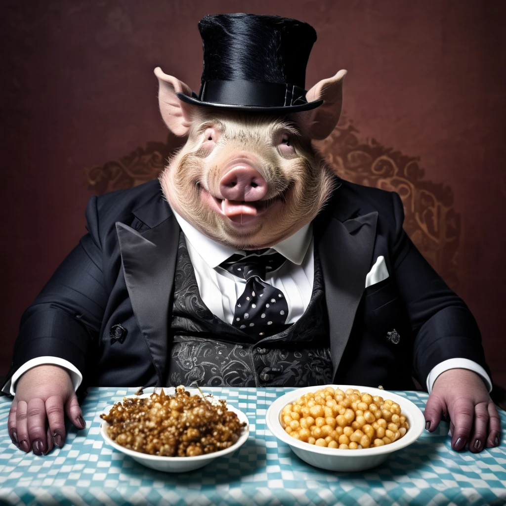 an obese drooling andromorphic drooling pig wearing a suit and top hat he is sitting at a table full of food, (drool), gross, evil laughter, intricate details