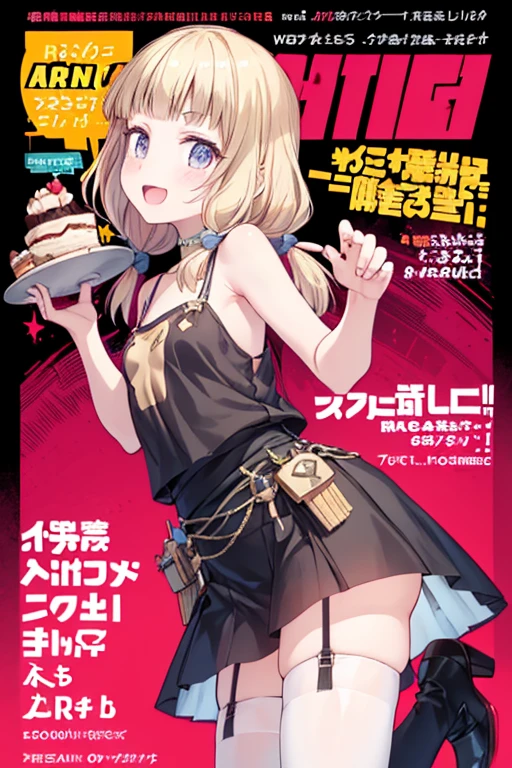 (small breasts:1.2), (perky chest:1.2), (pointed chest:1.2), (Pudding cake magazine cover:1.3),(from below:1.0),(shoot from the side:1.1),masterpiece, 1girl, Amazing Cleavage:1.1, thin waist, optimum,tmasterpiece,hight resolution,best qualtiy,hyper HD,super detailing,awardwinning,a 18yo cute girl,(The upper part of the body),anatomy correct,Beautiful Black miniskirt,garters,Gaze,Small face,bangss,holster,Beautuful Women,hands up,leg holster,Gaze,black boots,Cowboy Shot,cute face,a blond,Longhaire,Twin-tailed,Braids, Hairline,(scarlet eyes),long eyelasher,Hanging eye corners,White skin of the, ((see through camisole:1.1)), ((Sheer nipples:1.0)),Rocket Tits,(Slim body),smile,seductive weak smiling,(with sparkling eyes and a contagious smile),little open mouth, Looking at Viewer,