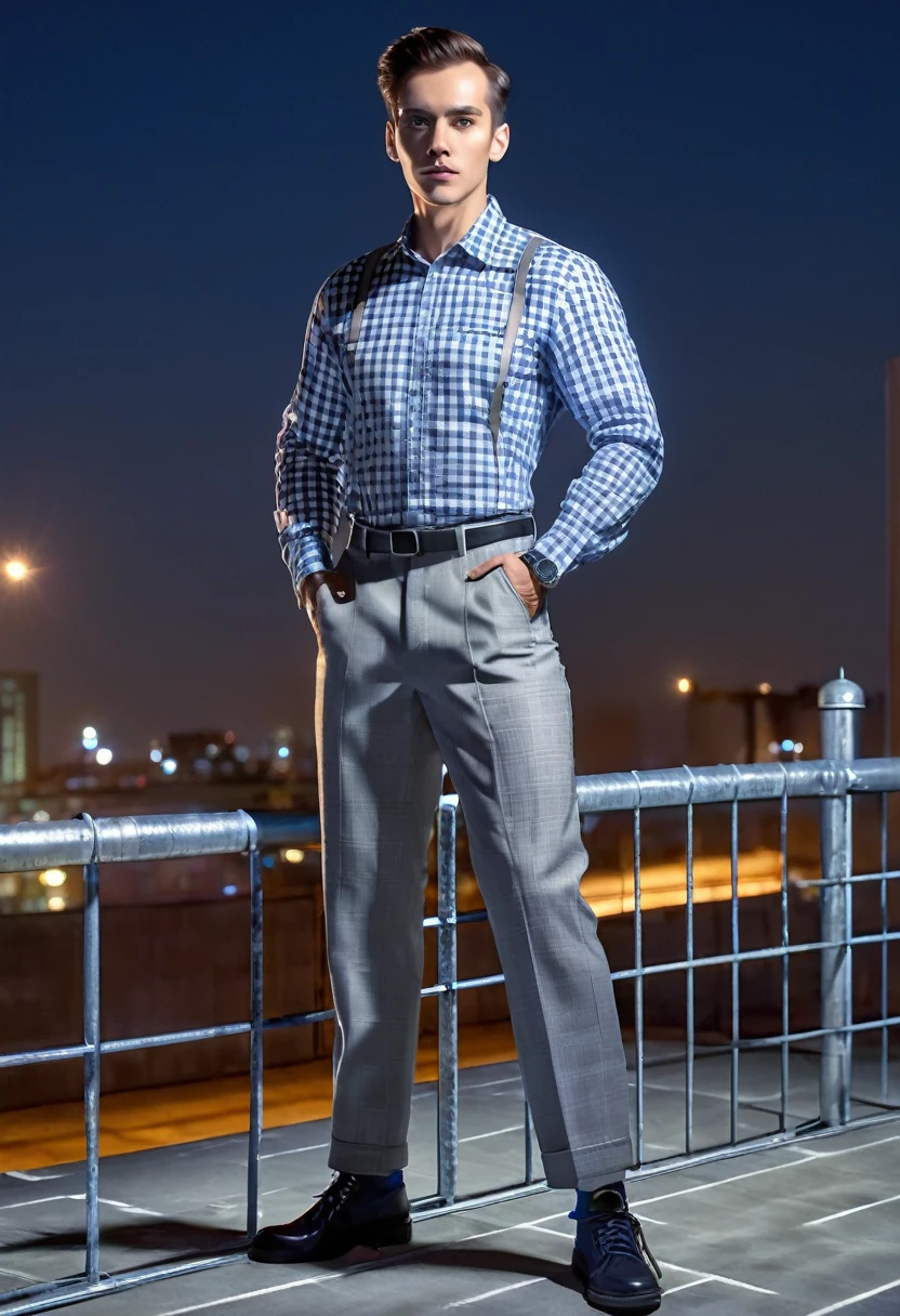 Gray checkered clothing, building rooftop, standing in front of steel fence, upright, blue-white light night scene,