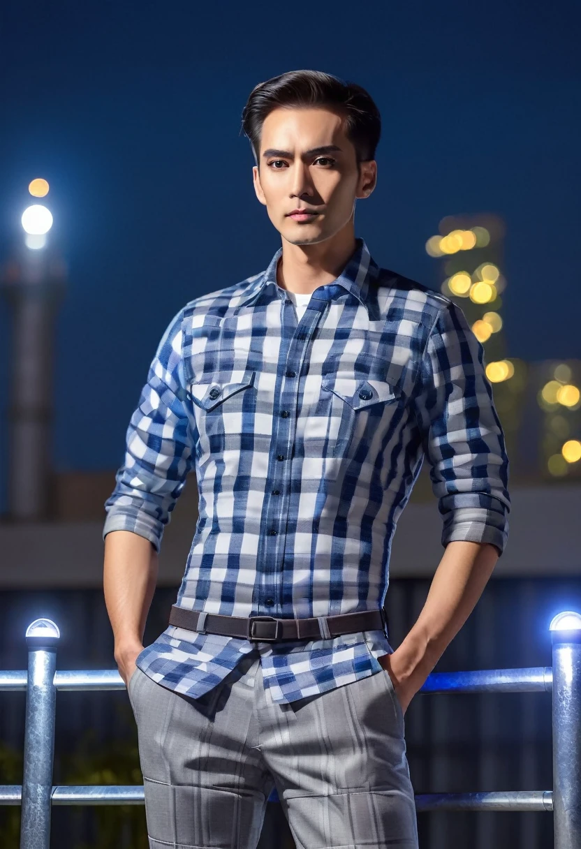 Gray checkered clothing, building rooftop, standing in front of steel fence, upright, blue-white light night scene, 