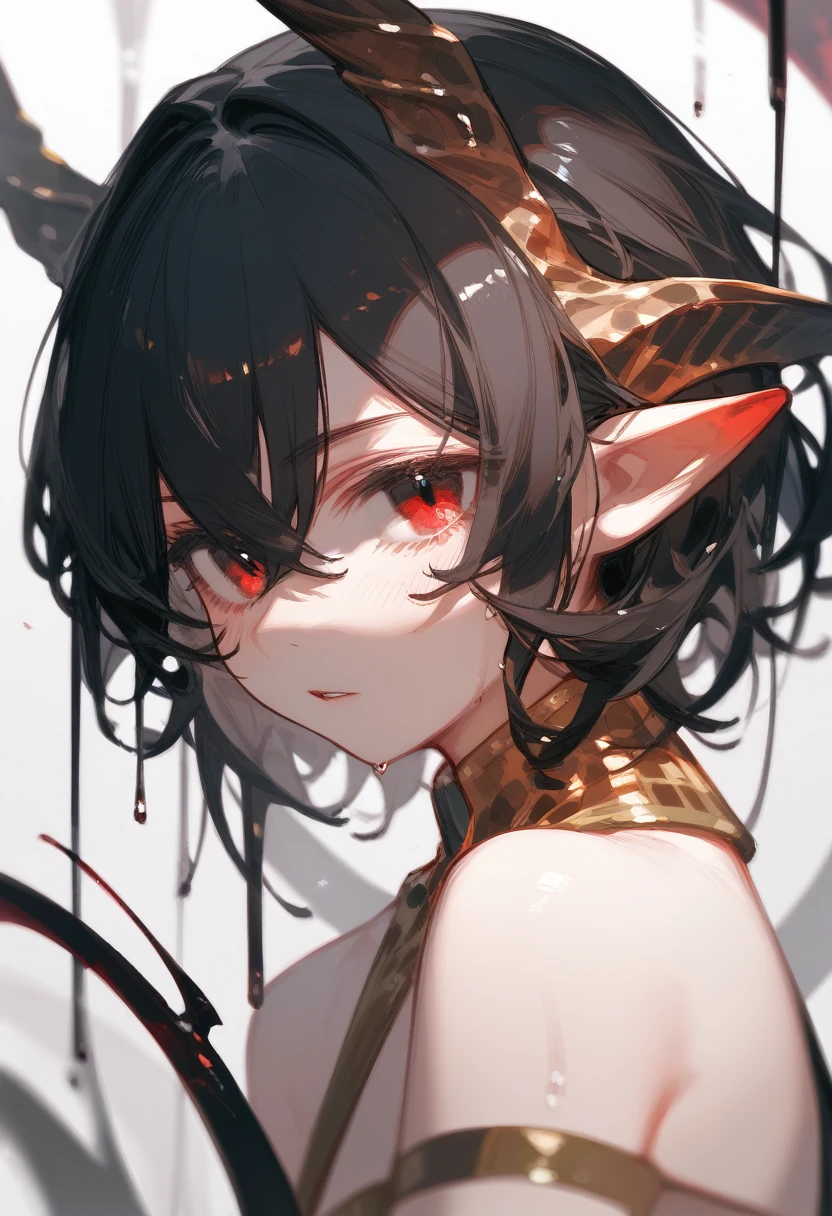Glassy, empty red eyes, dripping gold, devil on the side, short black hair