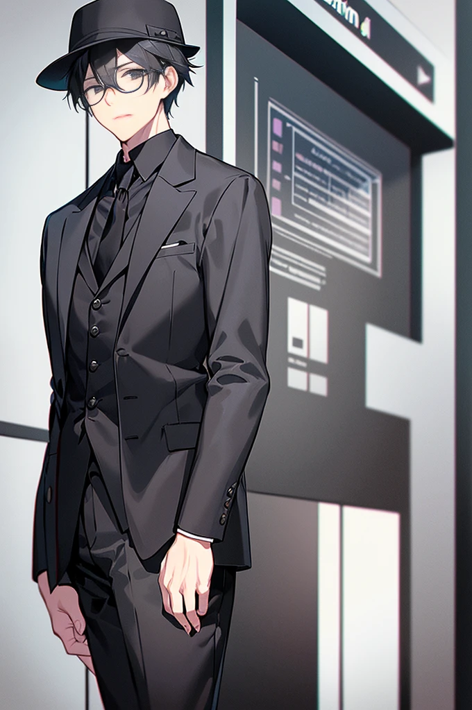 Young man, black shorts hair, eyes gray, glasses, black Fedora hat, black suit, black pants, pocket clock, strong