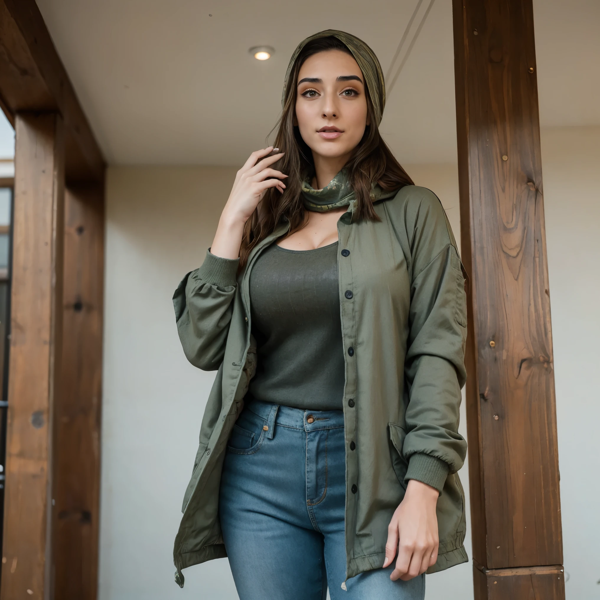 Extremely busty thin and toned brunette photographer, college girl, fair skin, loose side sweep, soft face, athletic, bandana babushka headwrap, tight olive green casual windbreaker, skinny jeans. standing in front of her apartment building, outdoors, city, camera bag, cleavage 