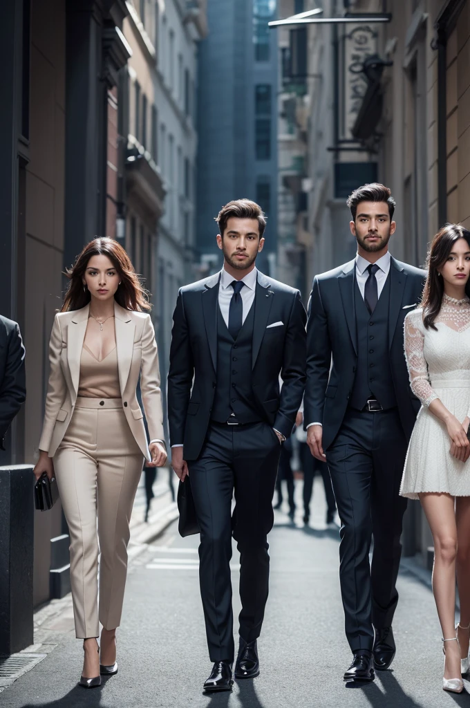 A group of 4 well-dressed people, strong and representing a cohesive group. High in fiction, work of art, amazing image background 